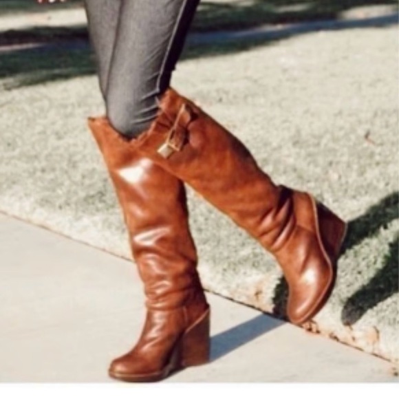 Michael Kors Calista Tall Wedge Wide Calf Soft Leather Brown Boots - Picture 1 of 16